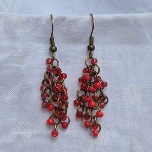 Red Cascade Dangle Earrings with Beaded Cluster